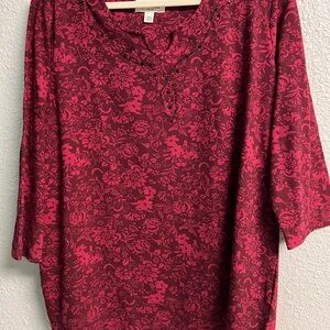 Norm Thompson Red Floral Long Sleeve Top